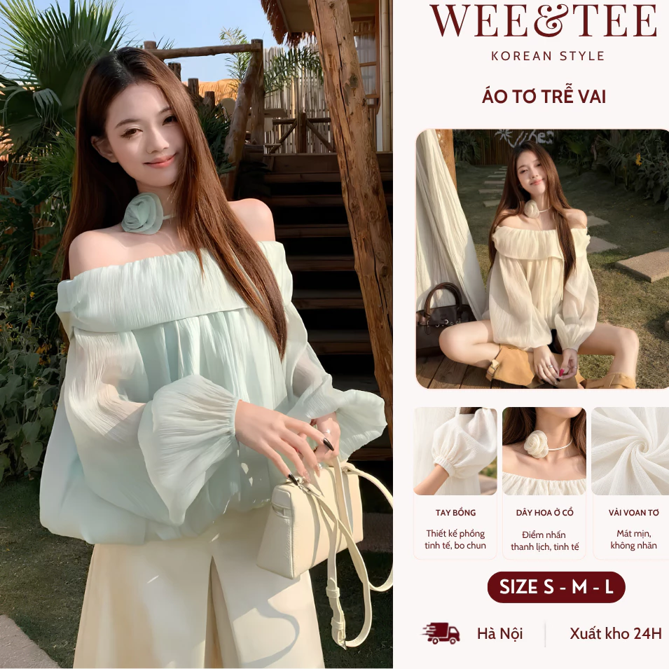 [MẪU MỚI] Áo Nữ Trễ Vai Tay Phồng Chất Tơ Mềm Mịn Phong Cách Dịu Dàng Có Kèm Hoa