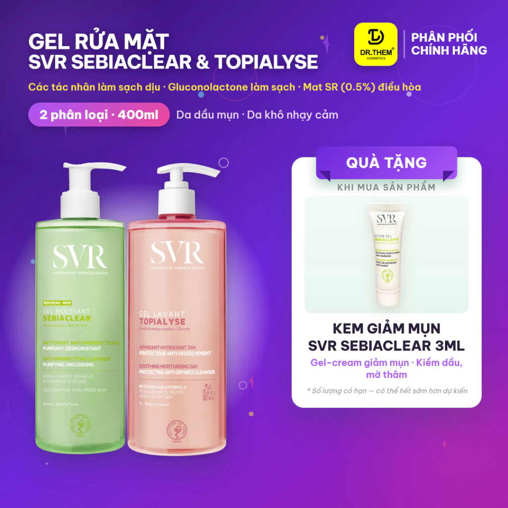 Sữa Rửa Mặt SVR Cho Mọi Loại Da (Dầu Mụn, Da Khô, Da Nhạy Cảm) 55ml, 200ml, 400ml, Túi Refill- Dr Thêm