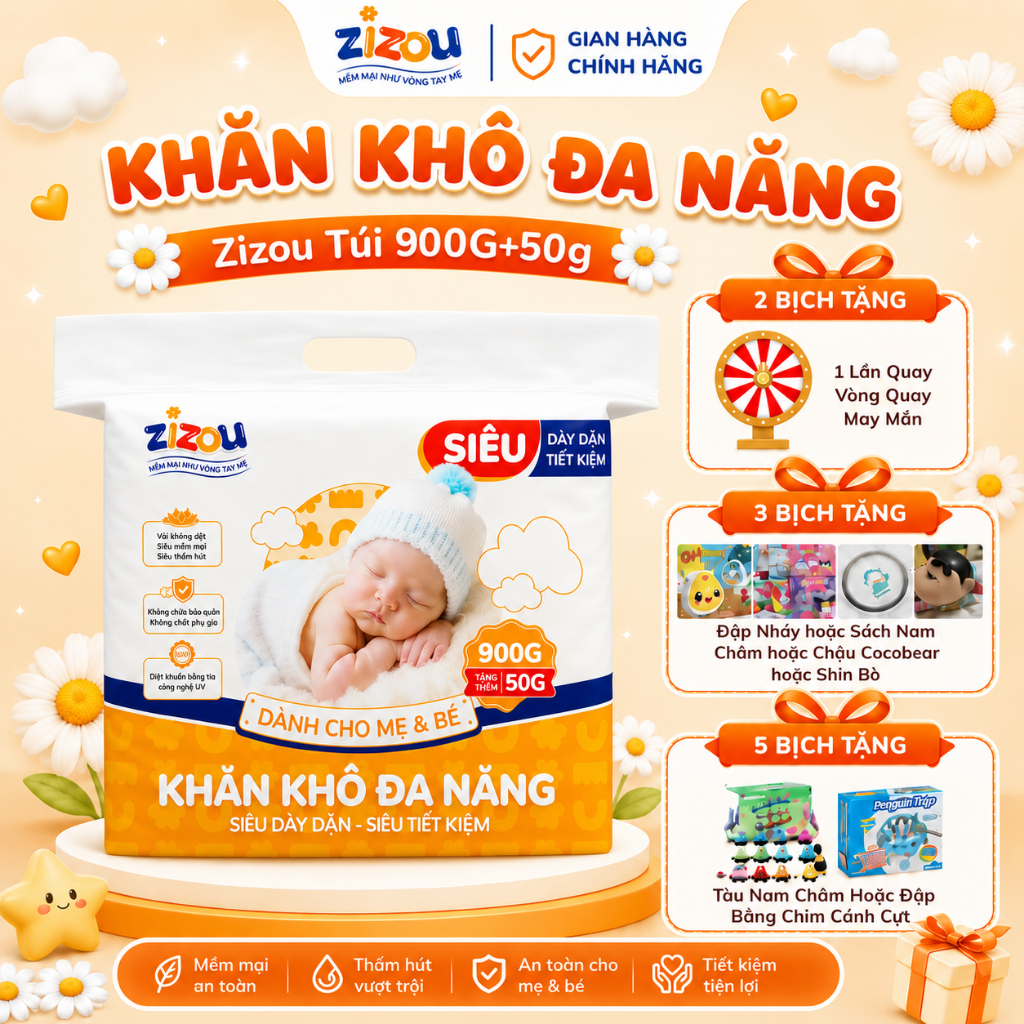 Khăn Khô Đa Năng Zizou Túi 950g(~640tờ) Vải Không Dệt Tiệt Trùng UV Mềm Mại…