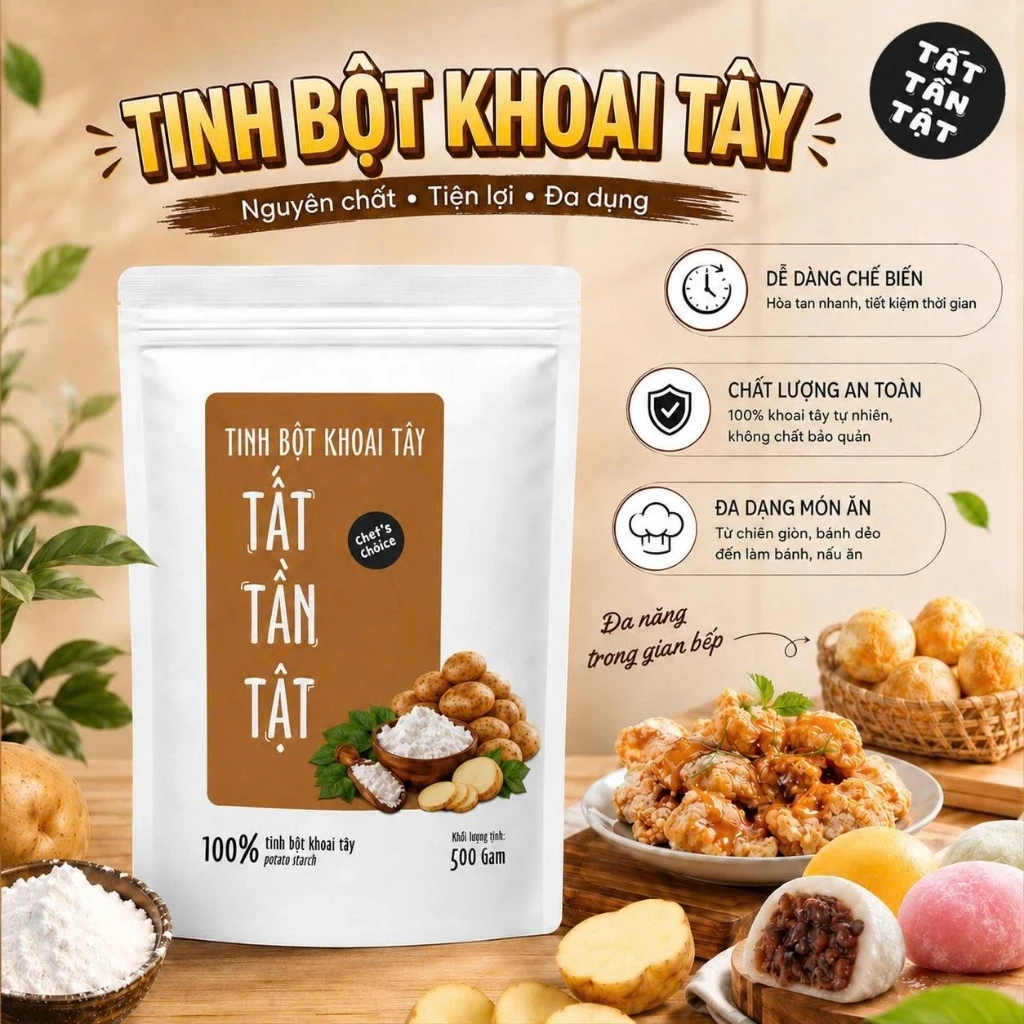 Tinh bột khoai tây TẤT TẦN TẬT - Bột khoai tây nguyên chất 500g đa dụng làm bánh, chiên giòn, nấu ăn, tạo độ sánh