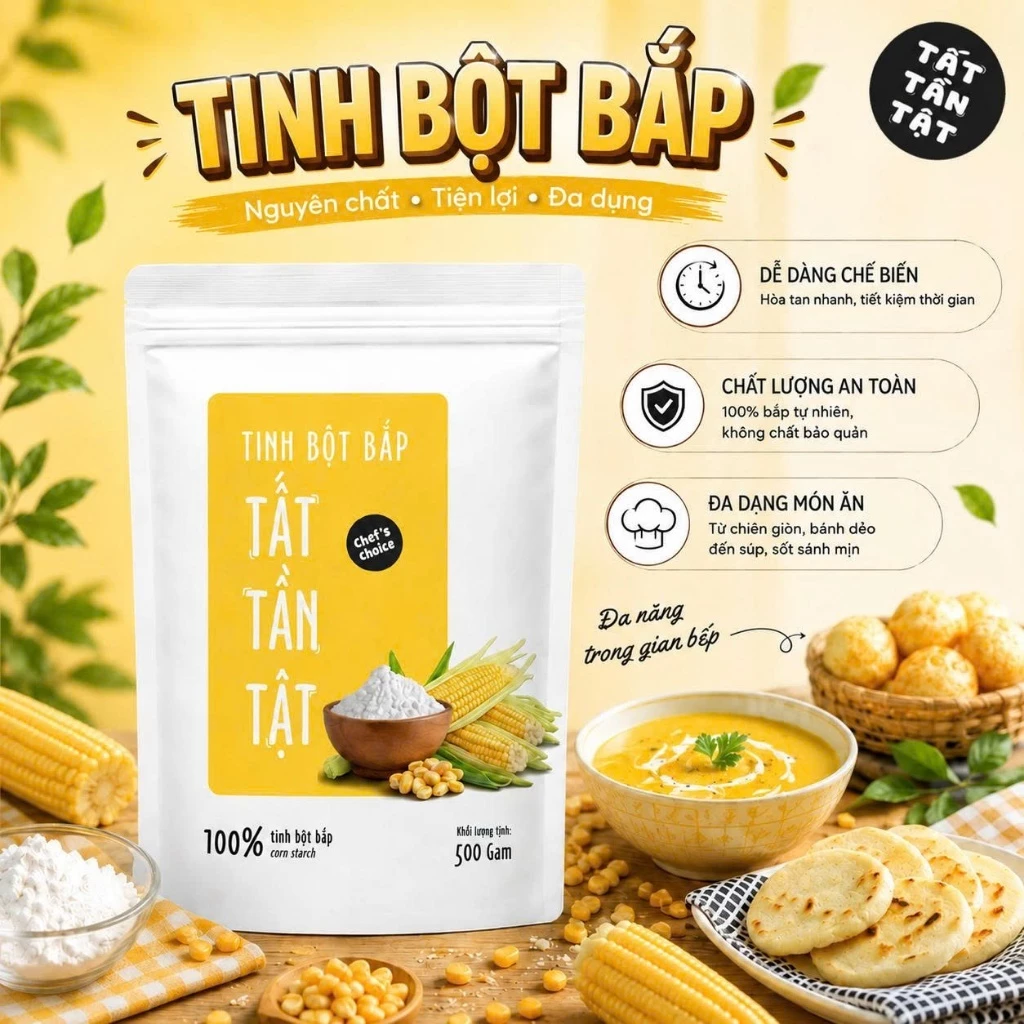 Tinh bột bắp TẤT TẦN TẬT - Bột bắp nguyên chất 500g dùng làm bánh, nấu súp, pha sốt, tạo độ sánh