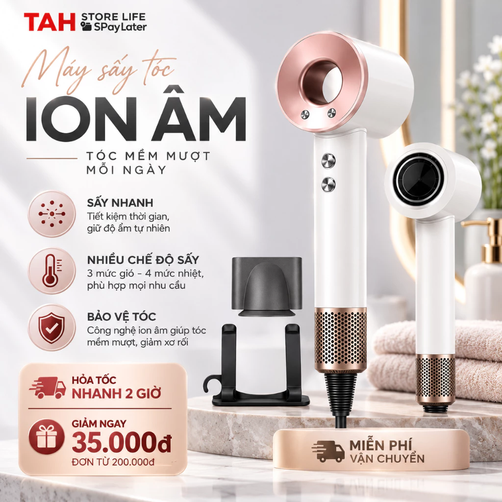 Máy Sấy Tóc Ion Âm Cao Cấp, Sấy Tóc Nhanh Khô, Công Suất Mạnh, Tạo Kiểu Tóc Nam Nữ