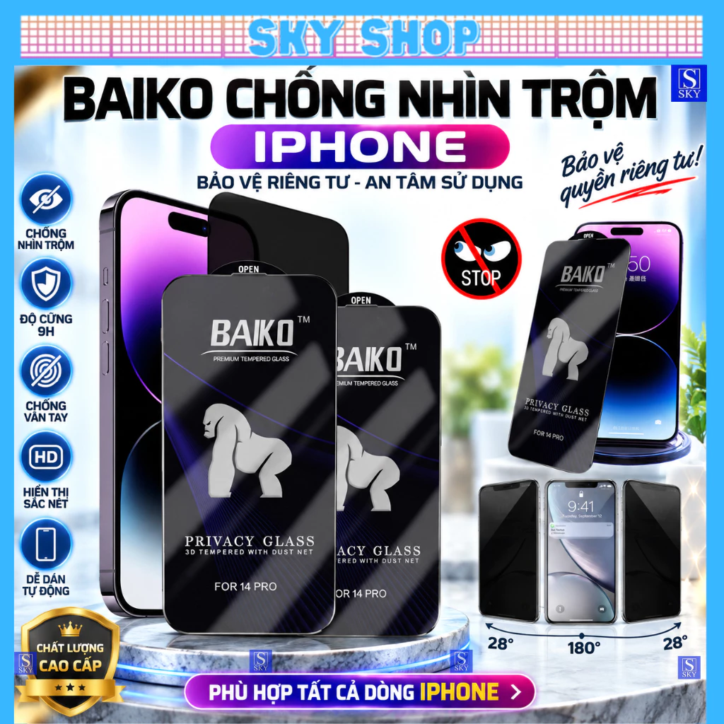 Cường lực chống nhìn trộm baiko iphone 17 ProMax 17 Air 16 ProMax 15 11 promax 12 13 14 promax x xr xs max 7 8 plus