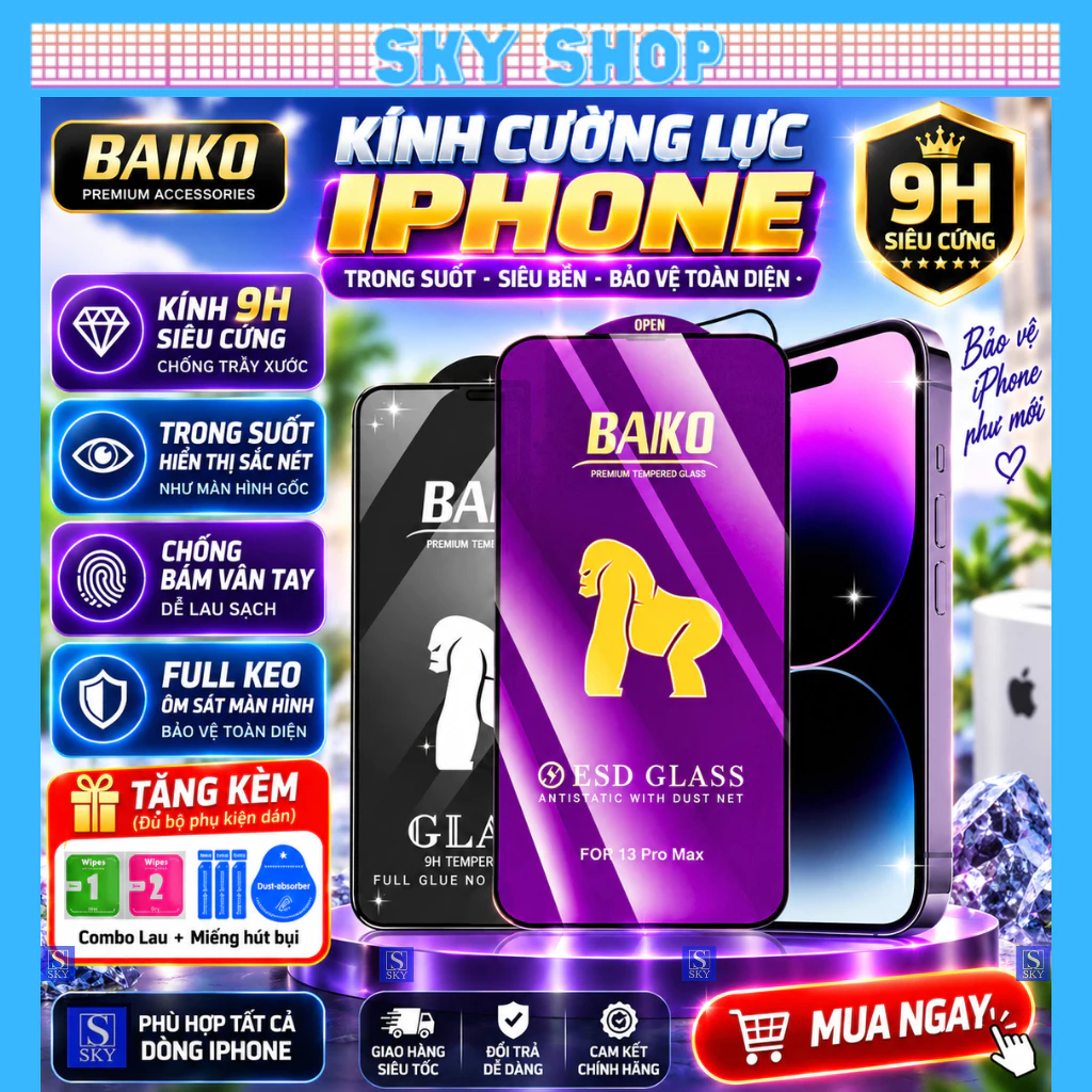 Cường lực Baiko Tím cho iphone 18 ProMax 17 ProMax 17 Air 16 ProMax 15 ProMax 14 13 12 11 ProMax Xs Max xr x 7 8 plus