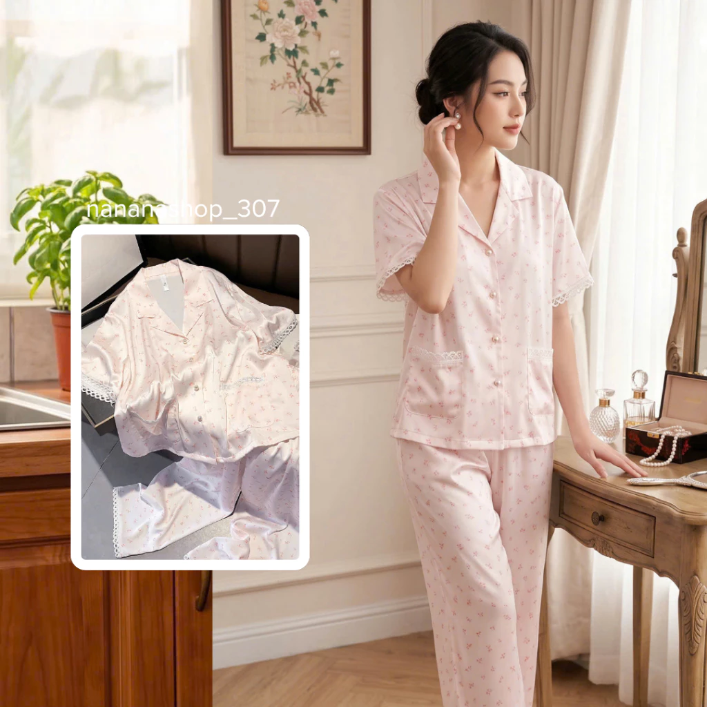 [CAO CẤP] Đồ bộ nữ mặc nhà, ngủ lụa mềm mát cho nữ mặc nhà pijama đẹp rẻ dễ thương cute dễ thương, Tay ngắn Quần dài