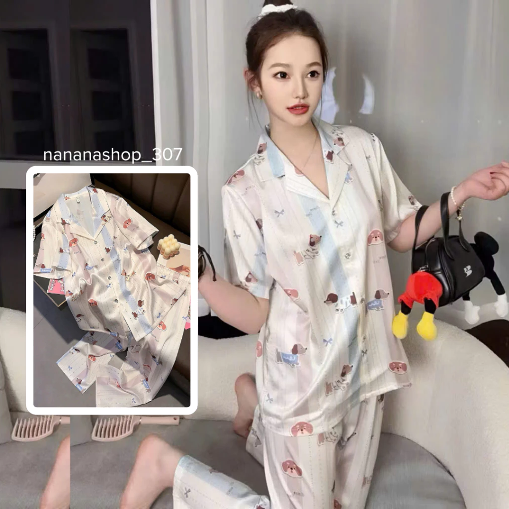 [CAO CẤP] Bộ đồ bộ nữ lụa mát mặc ở nhà cộc đùi tay ngắn quần dài pijama đẹp dễ thương