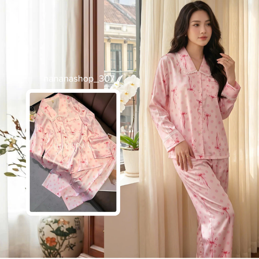 [CAO CẤP] Bộ đồ bộ nữ lụa mát mặc ở nhà đẹp tay dài quần dài pijama đẹp dễ thương