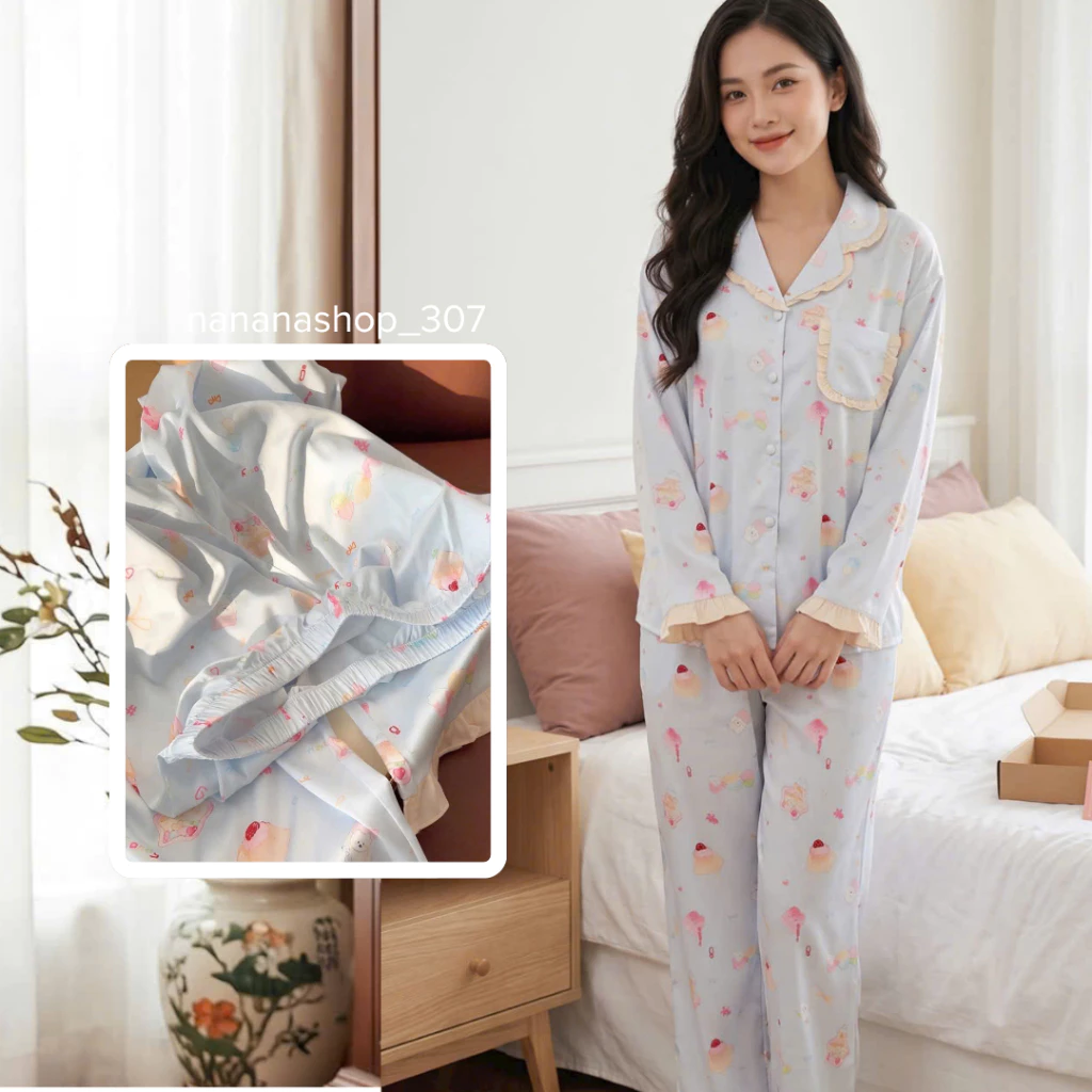 [CAO CẤP] Bộ đồ bộ nữ lụa mát mặc ở nhà cộc đùi tay dài quần dài pijama đẹp dễ thương