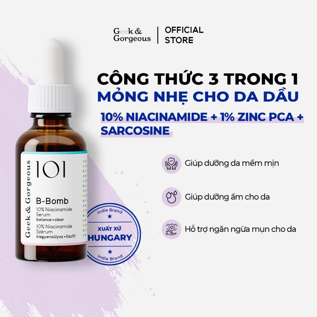 [ĐỘC QUYỀN LIVE] Tinh Chất Kiềm Dầu, Hỗ Trợ Kháng Viêm, Cải Thiện Mụn Geek&Gorgeous B-Bomb 10% Niacinamide 30ml
