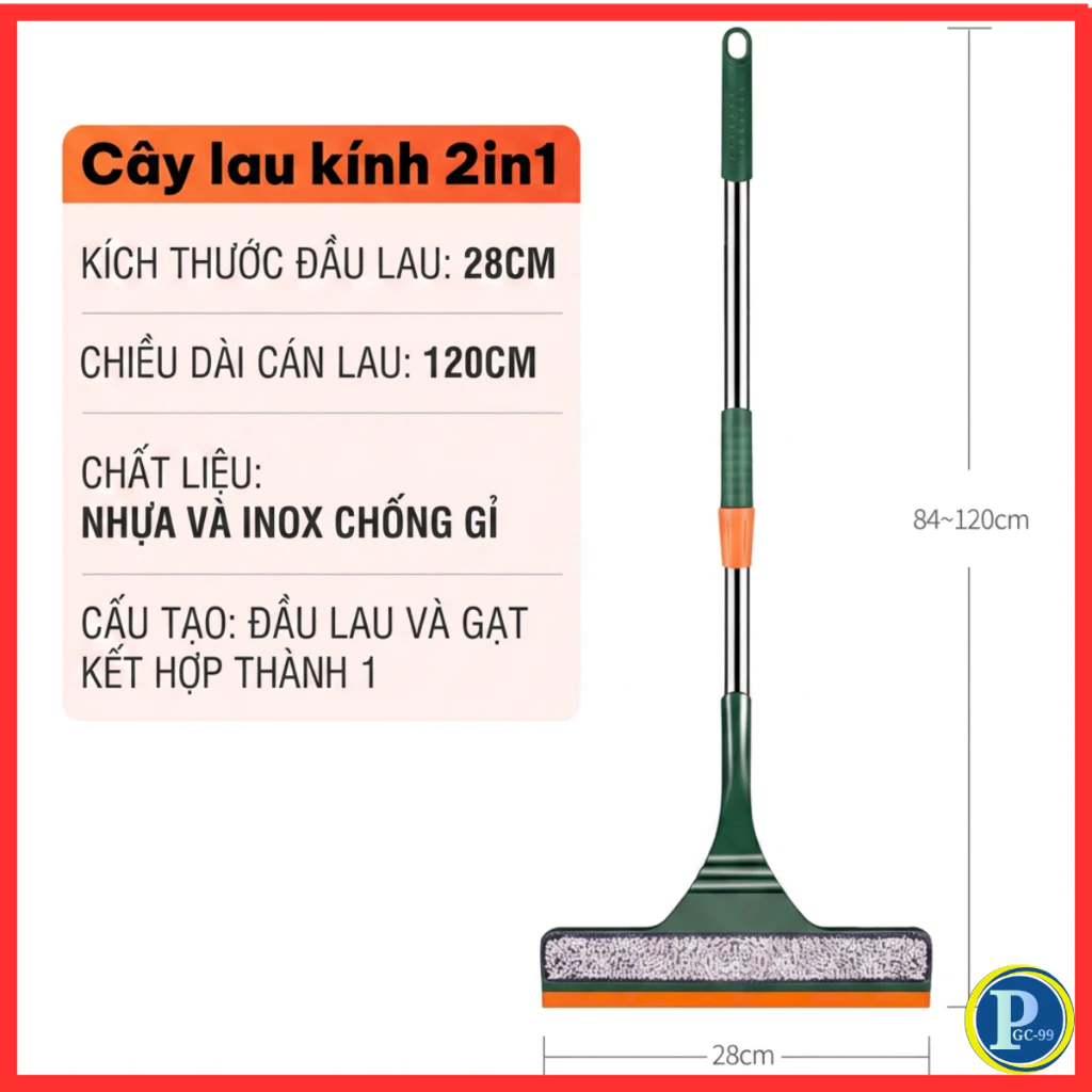 Cây Lau Kính 2in1 Tiện Lợi Cán Dài 120Cm Bông Lau Microfiber Rộng 28Cm Siêu Mềm Mịn Chất Liệu Nhựa Cao Cấp - Phụ Kiện