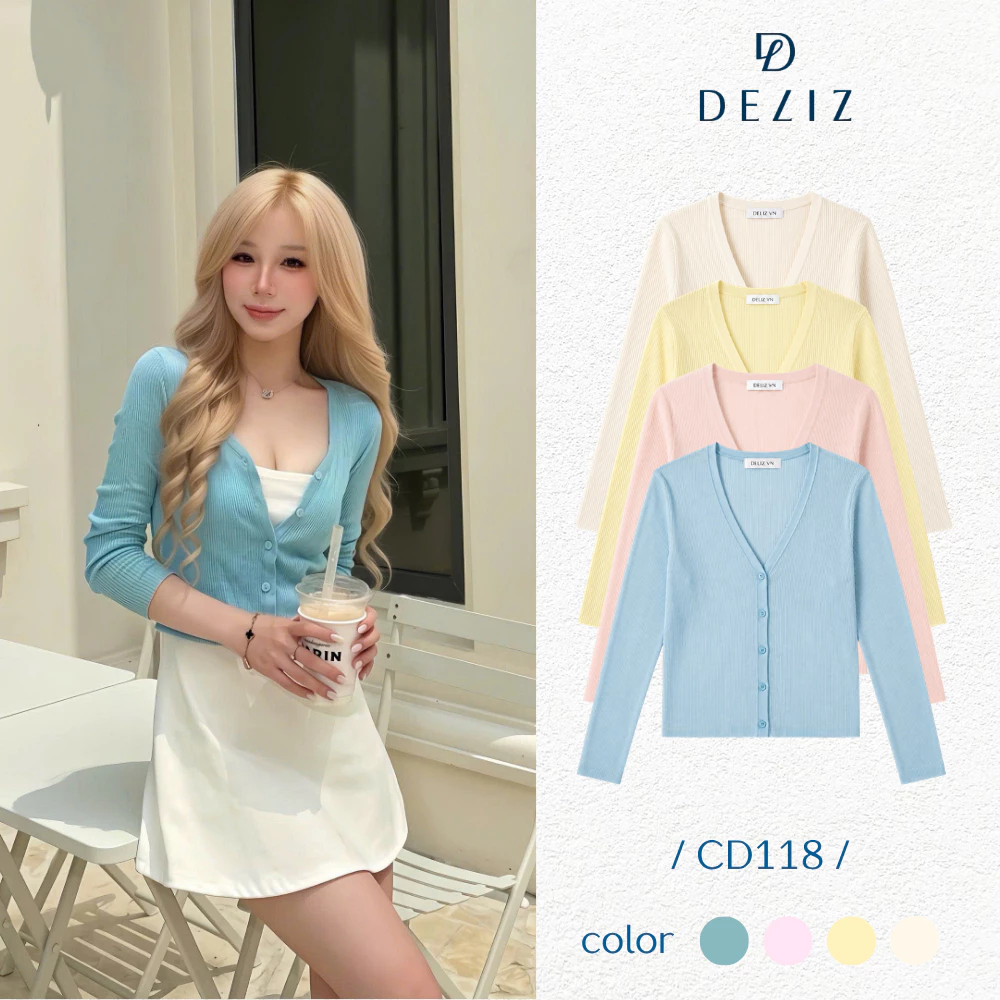 DELIZ – Áo cardigan nữ len mềm mỏng cổ tròn cài cúc, áo khoác len dài tay dáng gọn CD118