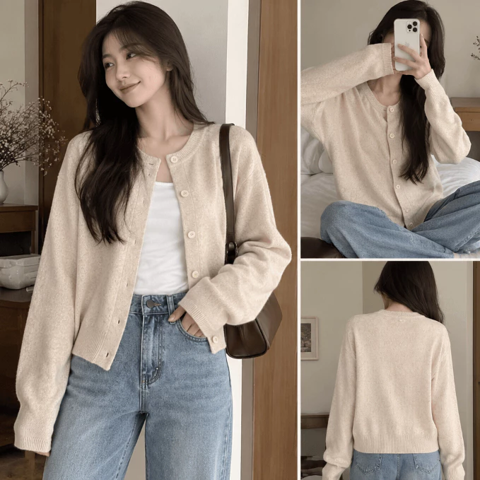 Áo Cardigan Len Nữ Cổ Tròn Cài Nút, Áo Khoác Len Nữ Dài Tay Basic Mềm Mịn 3 Màu