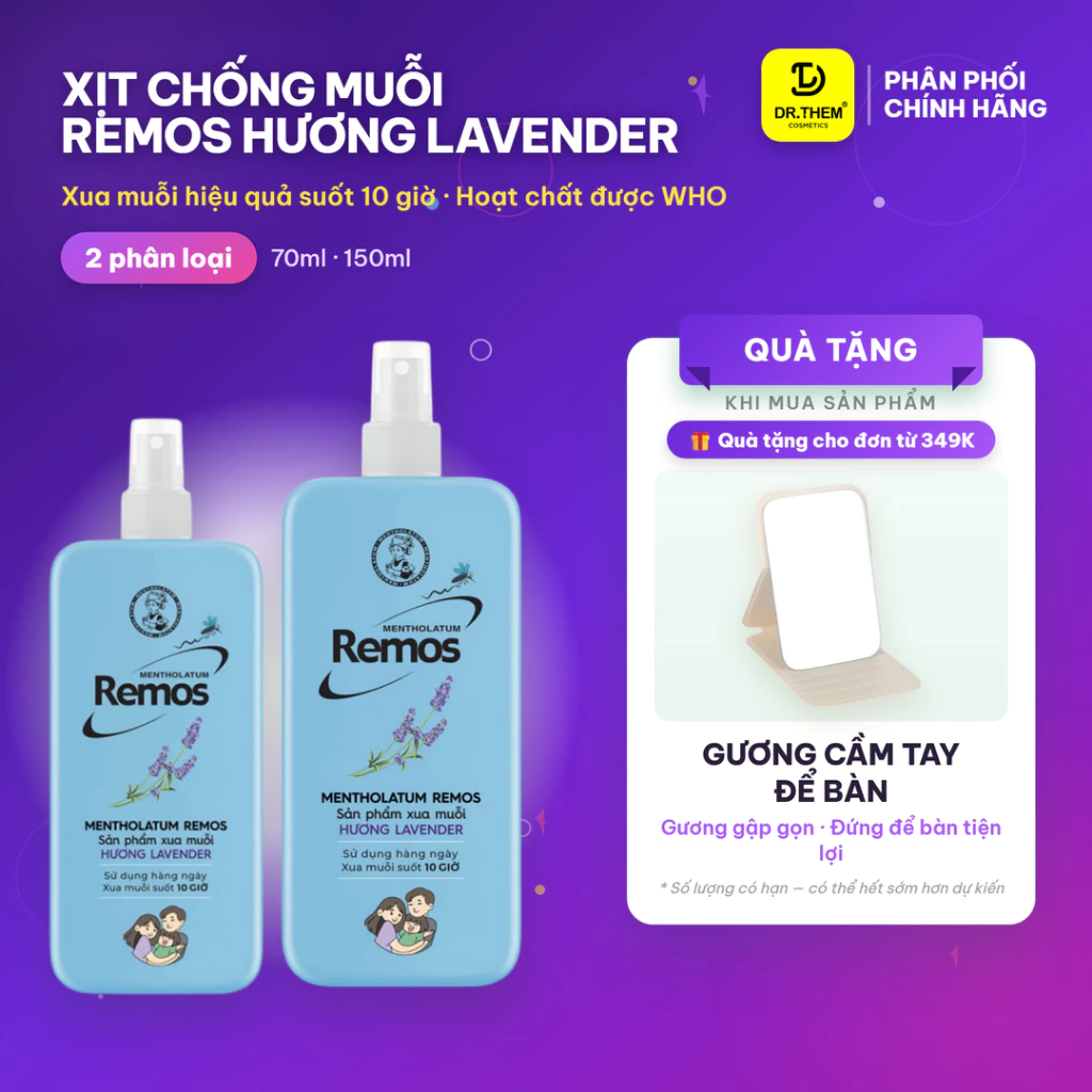 Xịt Chống Muỗi Remos Hương Lavender 70ml/150ml - Rohto Mentholatum, Xua Muỗi 10 Giờ, Aloe Vera & Vitamin E - Dr Thêm