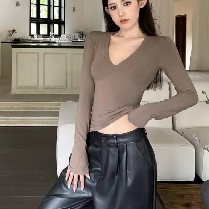 Áo Thun Nữ Dài Tay Cổ Tim Chữ V Áo Cotton Nữ Đẹp Ôm Fit Body Tôn Dáng