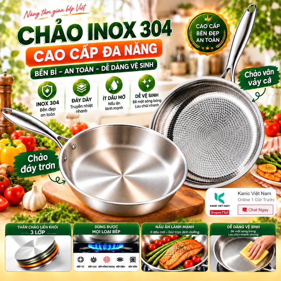 [SSS] Chảo Inox Đáy Từ Chống Dính Nguyên Khối Chiên Xào 22, 24, 26cm, Combo có nắp cho mọi bếp gas, từ, điện, hồng ngoại