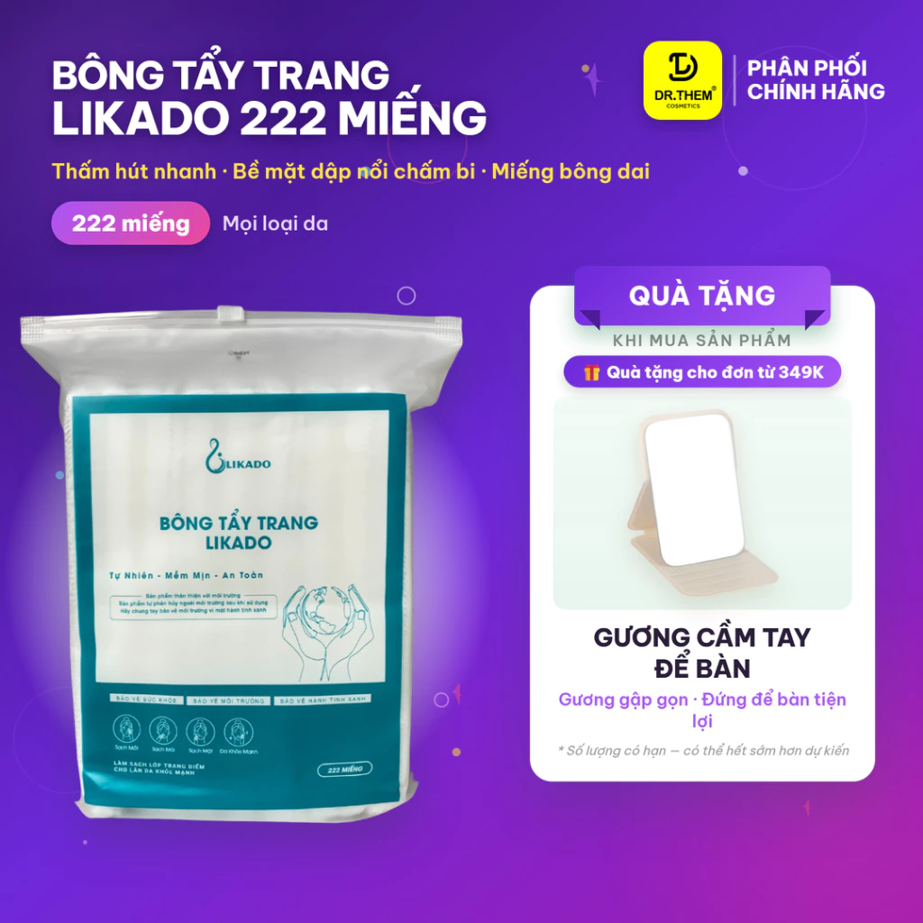Bông Tẩy Trang Likado 222 Miếng - Cotton Tiệt Trùng Mềm Mại 2 Mặt, An Toàn Cho Da Nhạy Cảm