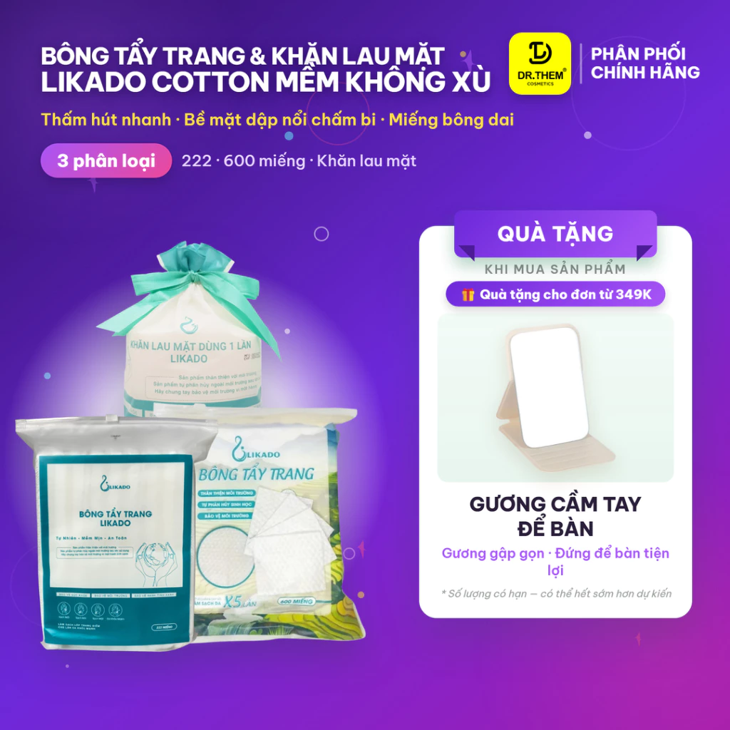 Bông Tẩy Trang Likado Túi 222 Miếng / 100 Miếng Tròn / Khăn Lau Mặt Dùng 1 Lần - Chất Liệu Cotton- Dr Thêm