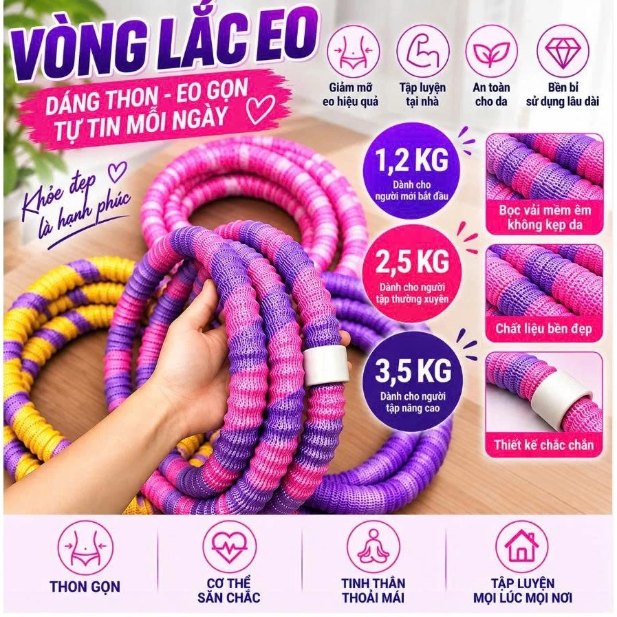 PVN86415 Vòng Lắc Eo Bọc Vải Mềm 1.2kg – 2.5kg – 3.5kg, Hỗ Trợ Đốt Calo Giảm Mỡ Bụng, Tập Gym Thể Dục Tại Nhà