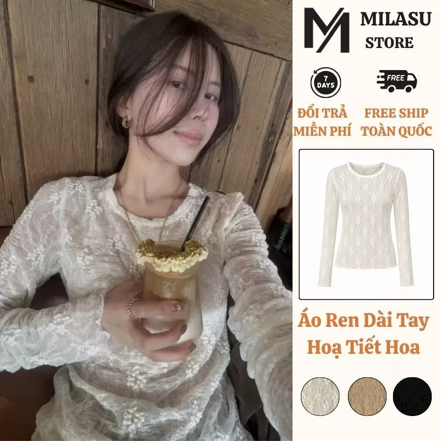 Áo Ren Dài Tay Hoạ Tiết Hoa Cổ Tròn Ôm Body Milasu Áo Kiểu Ren Tay Bèo Hàn Quốc Mềm Mịn 565