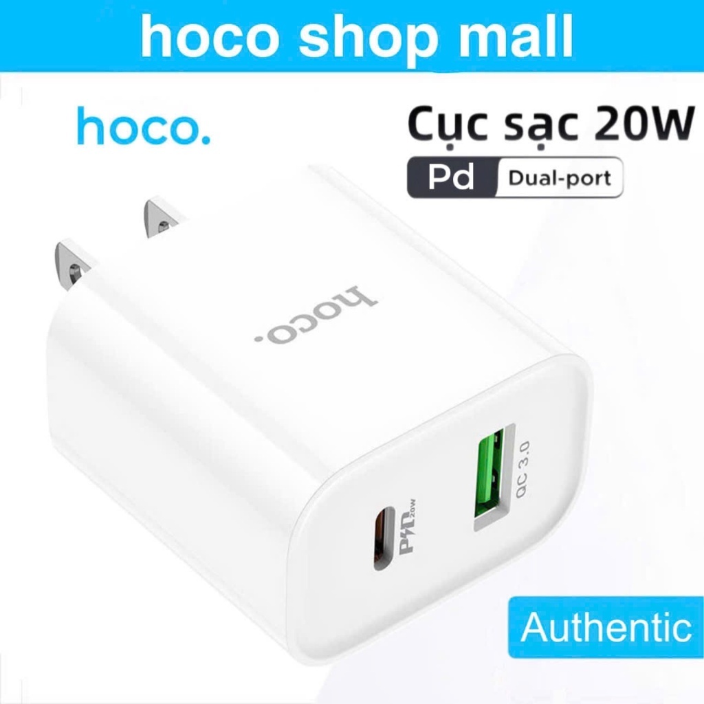 Củ sạc nhanh 20w 2 ổ cắm Hoco Cục sạc 2 cổng type c và usb dùng cho điện thoại