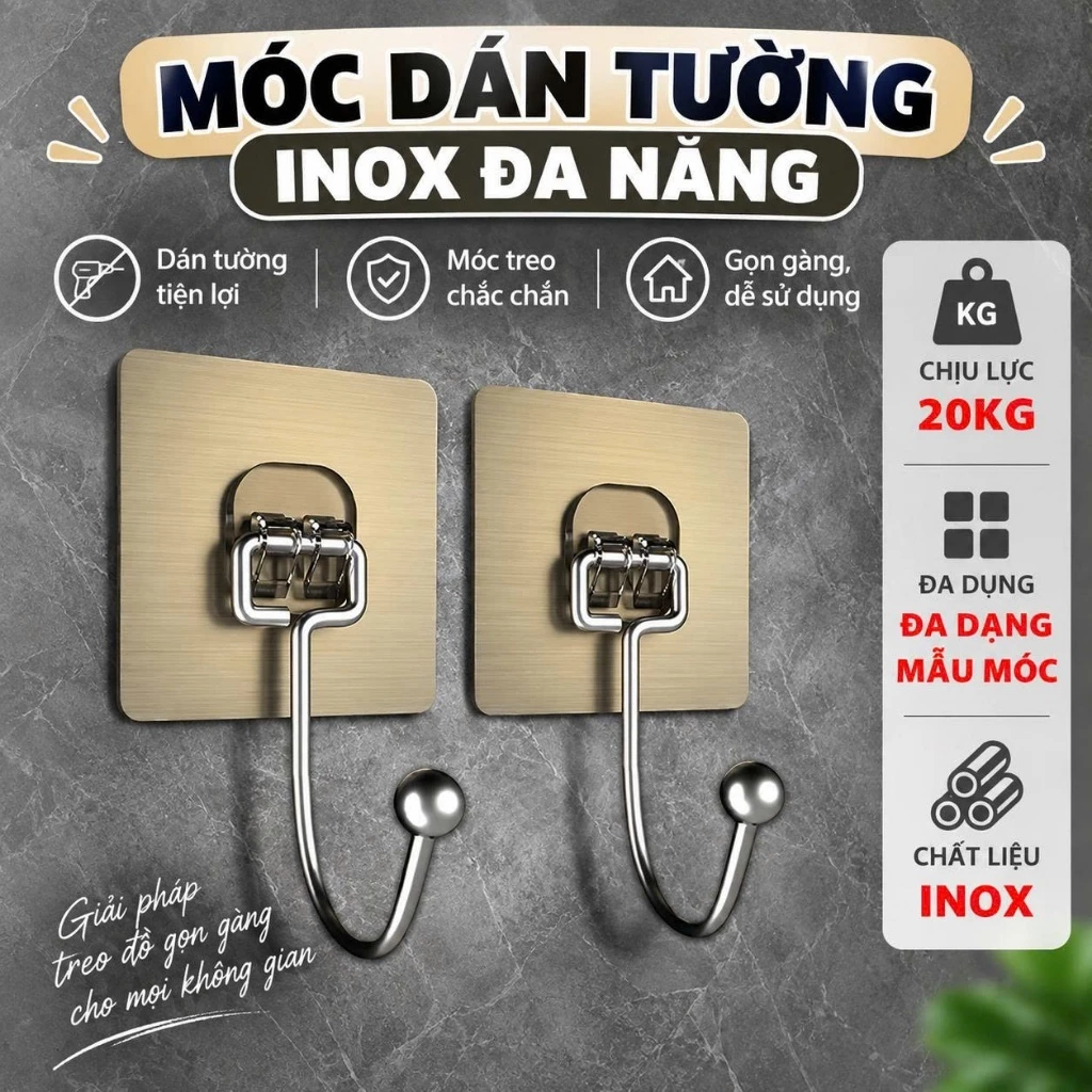 Set 5 móc INOX dán tường treo đồ vật đa năng SIÊU DÍNH / SIÊU CHỊU LỰC 20KG