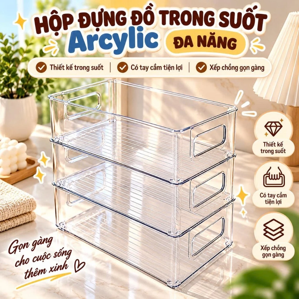 Hộp / Khay Arcylic Trong Suốt Để Bàn Đựng Đồ Đa Năng Có Tay Cầm Tiện Lợi 25.7x15x7.5cm