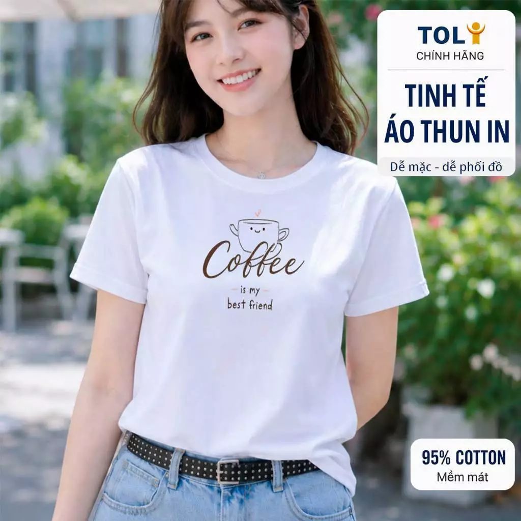 Áo thun nữ cổ tròn TOLI PSB10-M45 – In chữ Coffee trước ngực, form vừa dáng, vải cotton 4 chiều