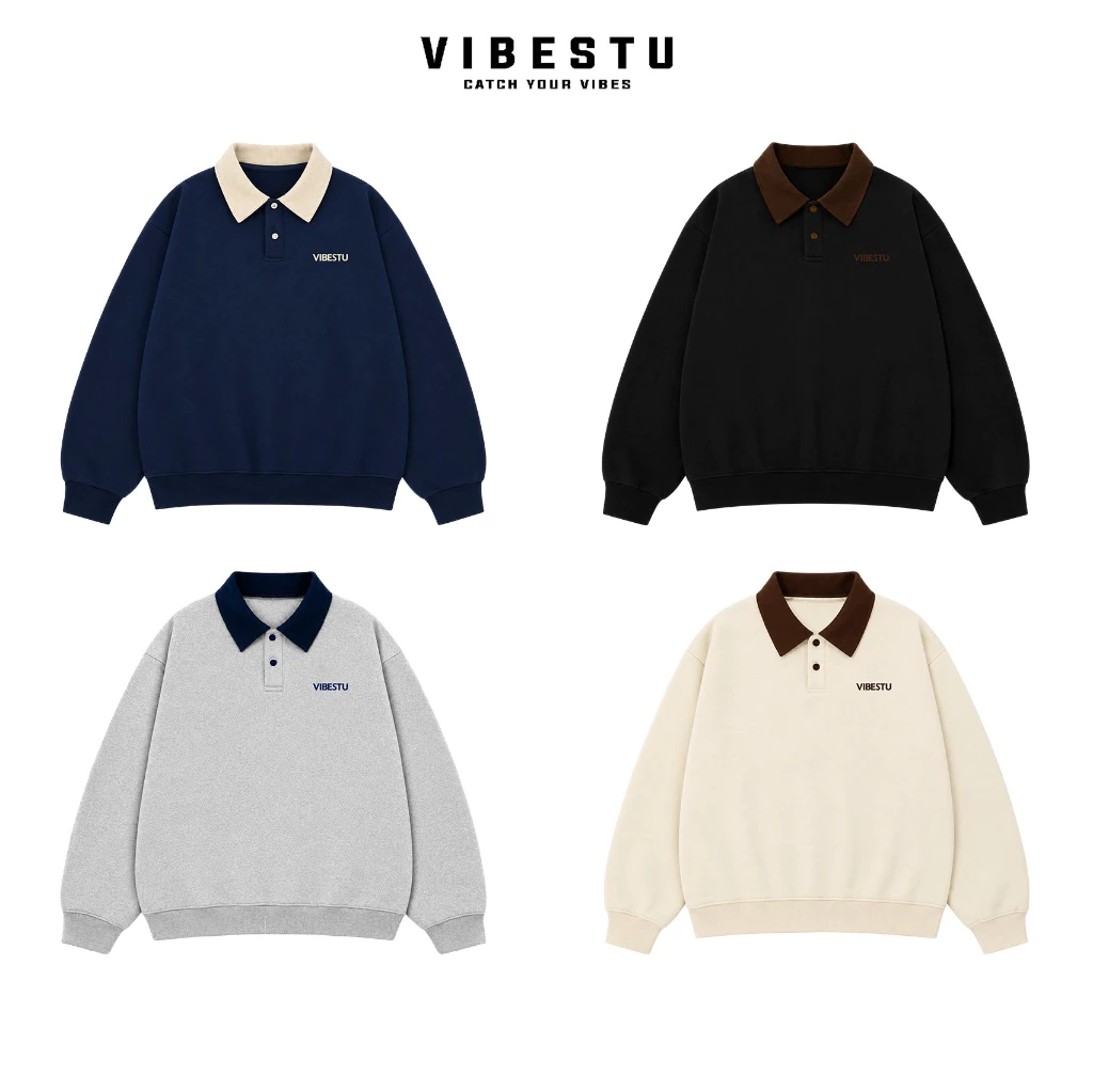 Áo Sweater Phối Cổ Thêu "Logo Vibestu" Nỉ 2 Da  VIBESTU - Form Boxy Tay Dơi Unisex Nam Nữ