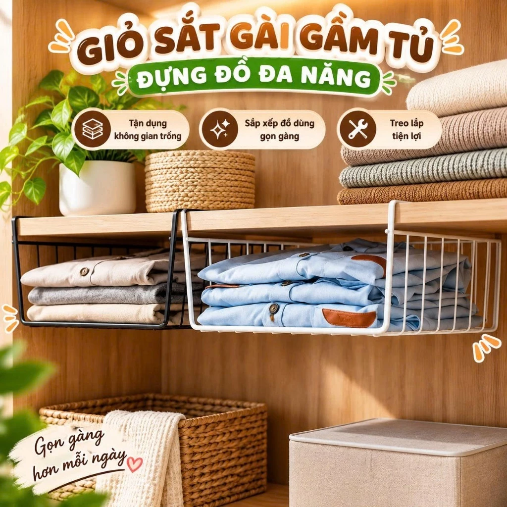 Giỏ sắt gài gầm tủ đựng đồ đa năng màu trắng đen 2 kích thước