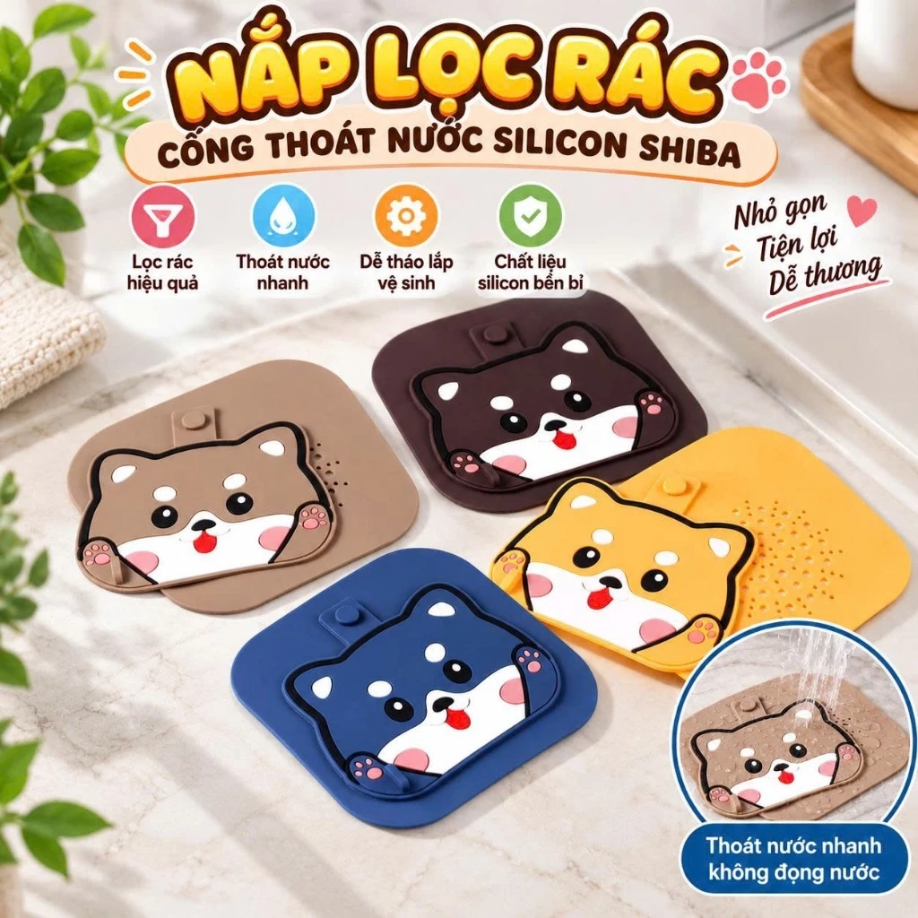 Nắp lọc rác cống thoát nước silicon shiba dễ thương có nắp đậy, chống tắc nghẽn