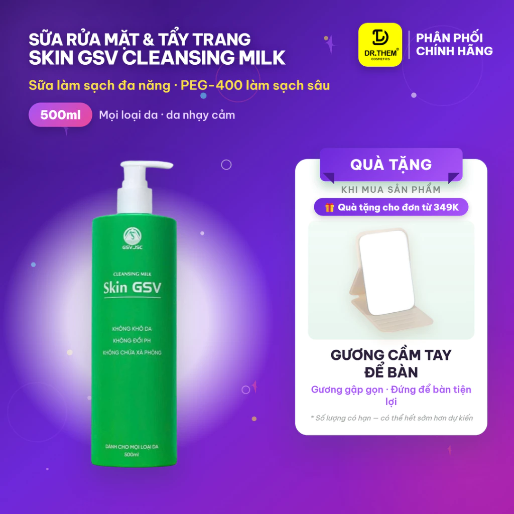Sữa Rửa Mặt & Tẩy Trang Skin GSV 500ml - Không Xà Phòng, Dịu Nhẹ Cho Da Nhạy Cảm, Mọi Loại Da - Dr Thêm