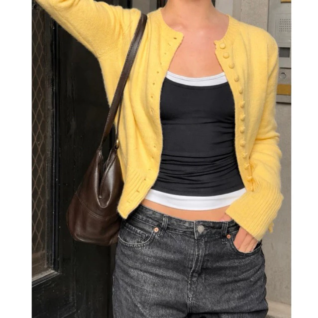 [Order](Sẵn S)Áo Cardigan Len Mỏng Màu Vàng Gà Con Cúc Bọc Dáng Ôm Phong Cách Y2k Phù Hợp Thu Đông, Đi Học, Đi Làm.