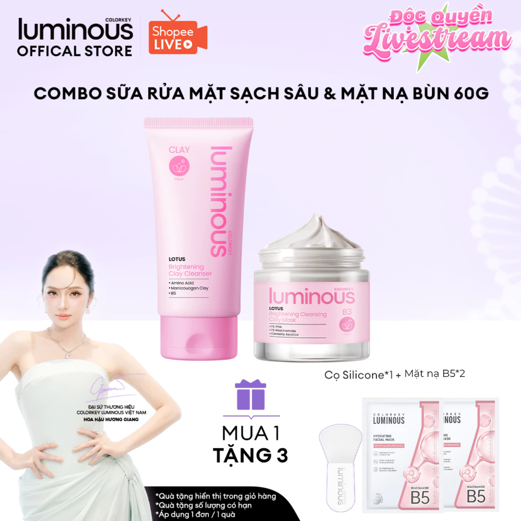 [KOL] Combo chăm sóc da Colorkey Luminous - 1 Sữa Rửa Mặt Trà Xanh/Hoa Sen 100g & 1 Hộp Mặt Nạ Bùn 60g Hỗ Trợ Làm Sạch