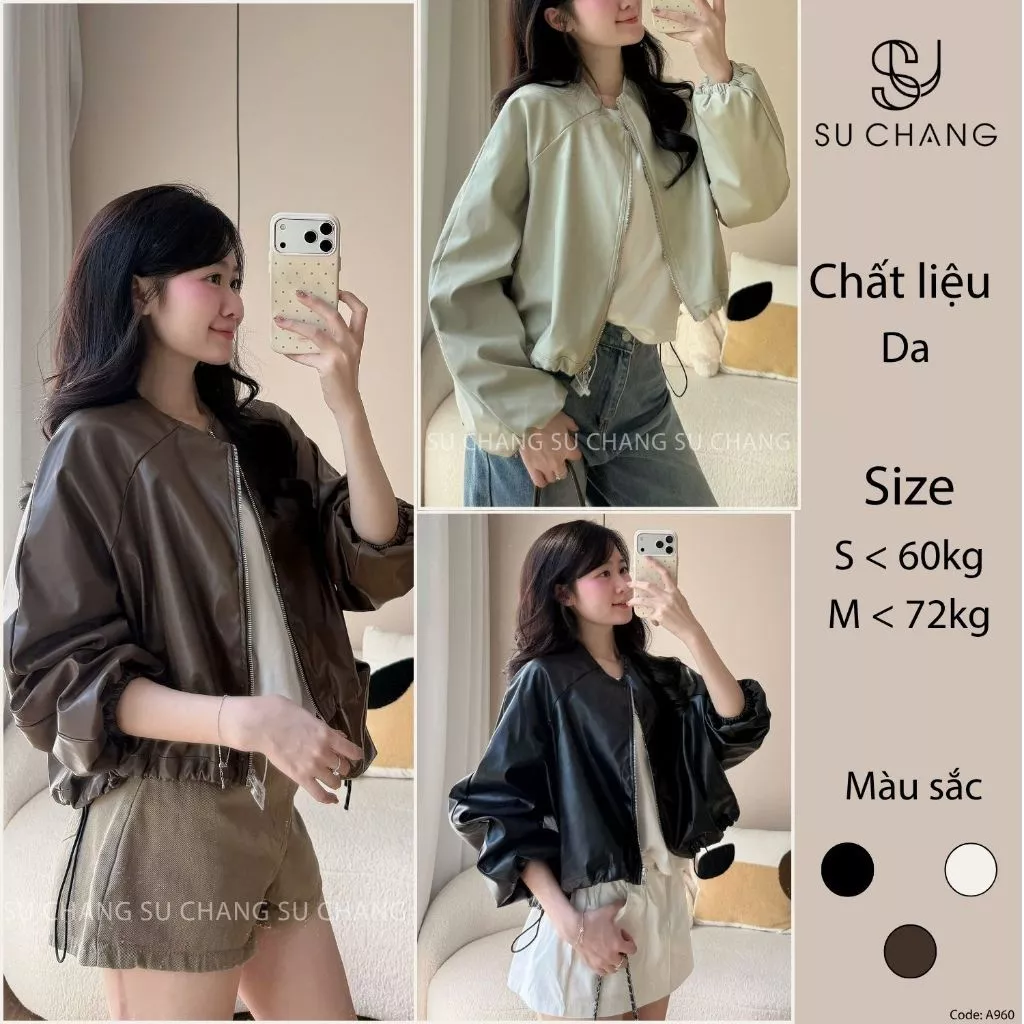 Áo Khoác Da Dáng Ngắn Cổ Tròn Dây Rút Tay Bo A960 Su Chang Thời Trang Nữ