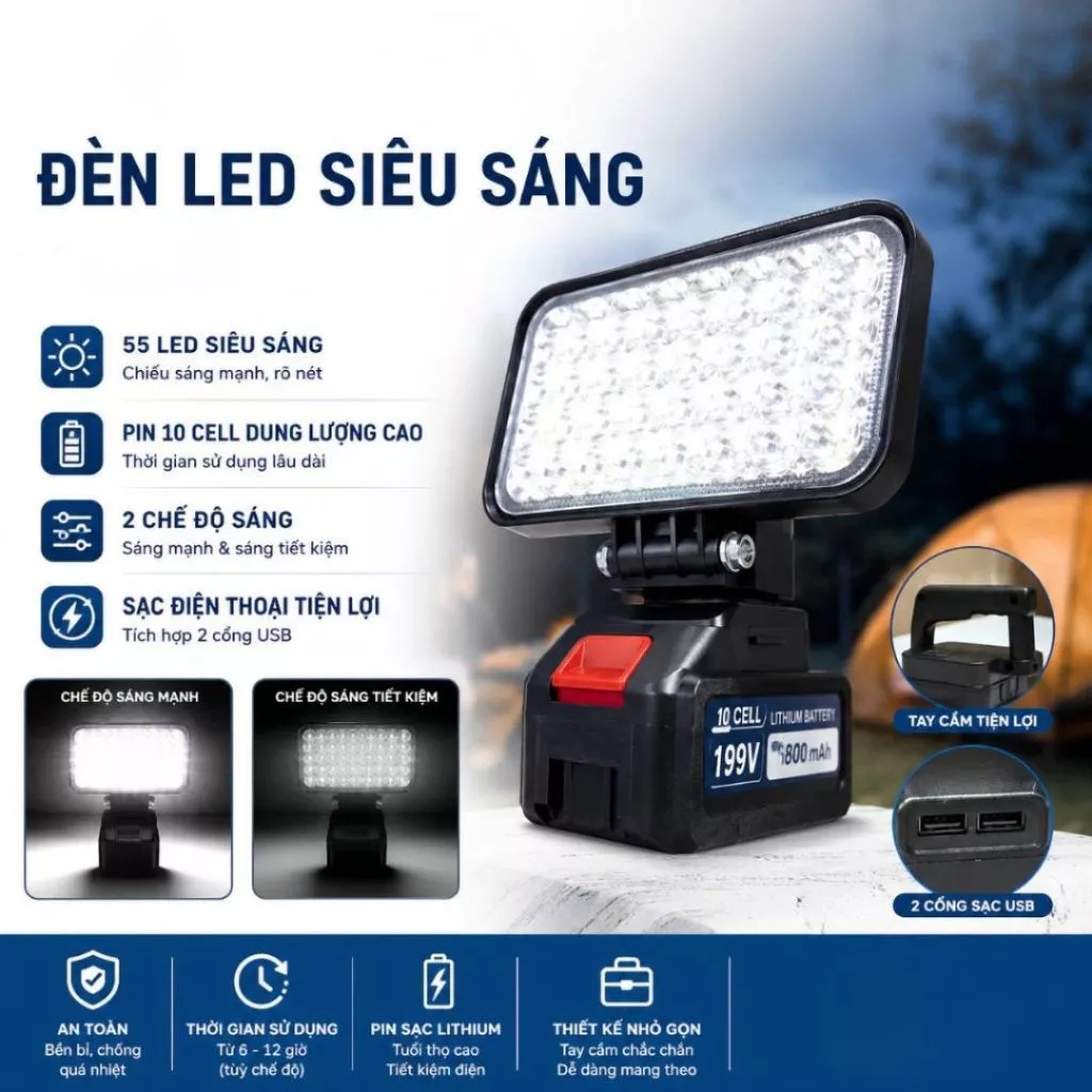 Đèn LED Siêu Sáng Sử Dụng Pin 10 CELL 55 LED Với 2 Chế Độ Sáng, Có Cổng Sạc Điện Thoại USB
