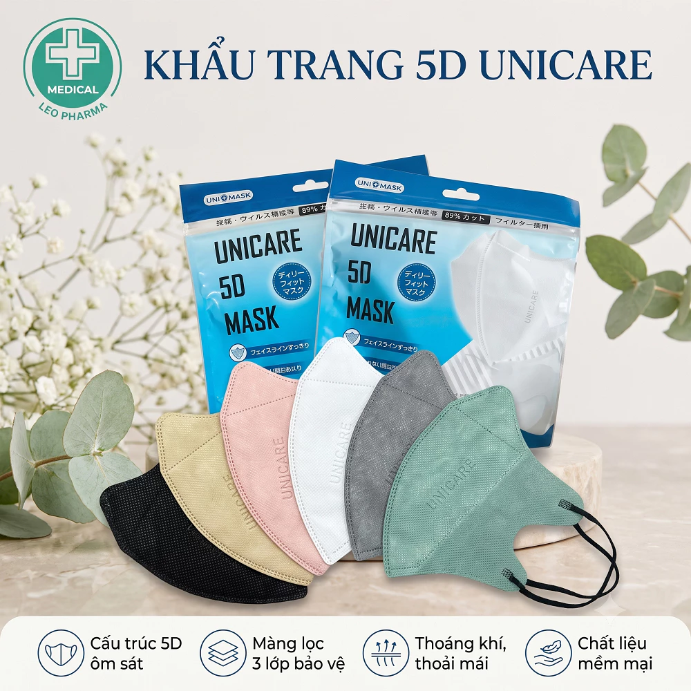 [Set 100 Cái] UNICARE Khẩu Trang 5D UNI MASK Chính Hãng 3 Lớp Kháng Khuẩn Lọc Bụi Mịn Cản Tia UV