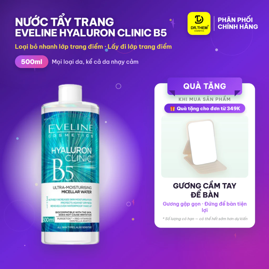 Nước Tẩy Trang Eveline Hyaluron Clinic B5 Ultra Moisturising Micellar Water Dưỡng Ẩm Cho Da 500ml - Dr Thêm