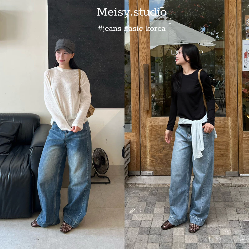 Quần jeans có họa tiết viền chất jeans mềm phong cách basic Hàn Quốc Meisy ORCT26