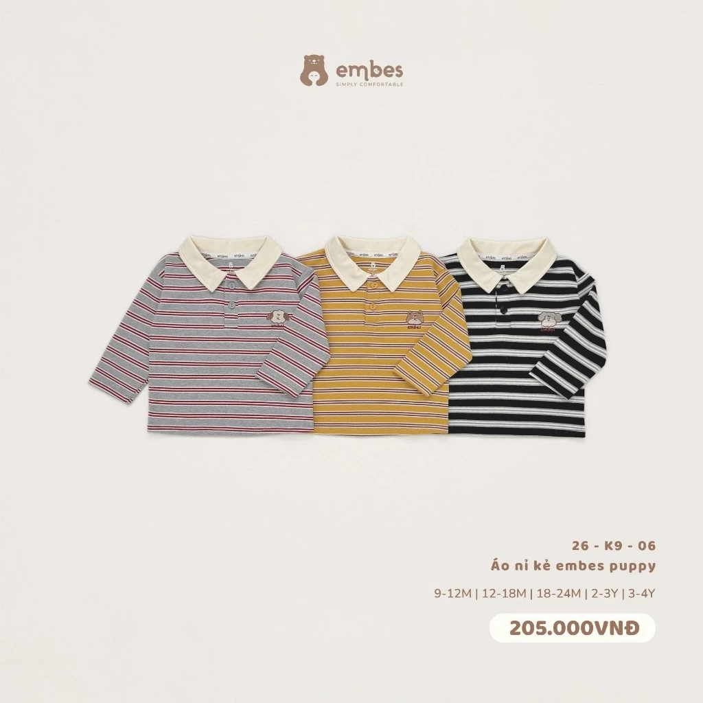 Áo Polo Cho bé Embes, Áo Polo Dài Tay Kẻ Ngang Thêu Hình Chất Cotton Mềm Cho Bé Trai Size Từ 8-18kg