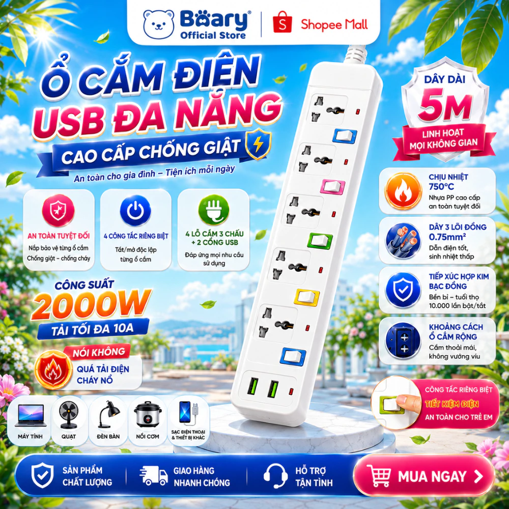Ổ Cắm Điện USB Đa Năng Cao Cấp Chống Giật, 2 Cổng Cắm USB Công Suất 2500W Có Chốt An Toàn Tiện Dụng Dây Dài 4