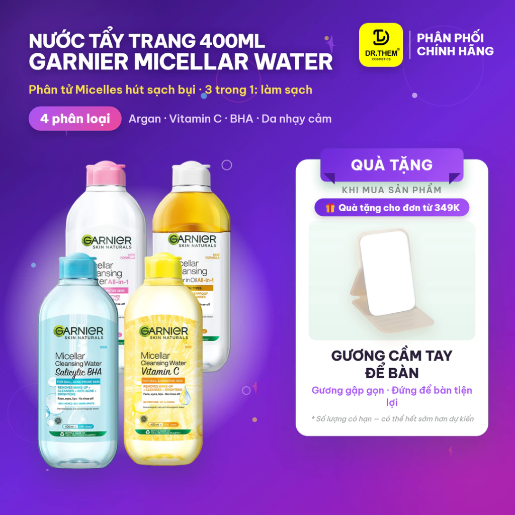 Nước Làm Sạch Và Tẩy Trang Cho Mọi Loại Da Garnier Micellar Cleansing Water 125ml / 400ml- Dr Thêm