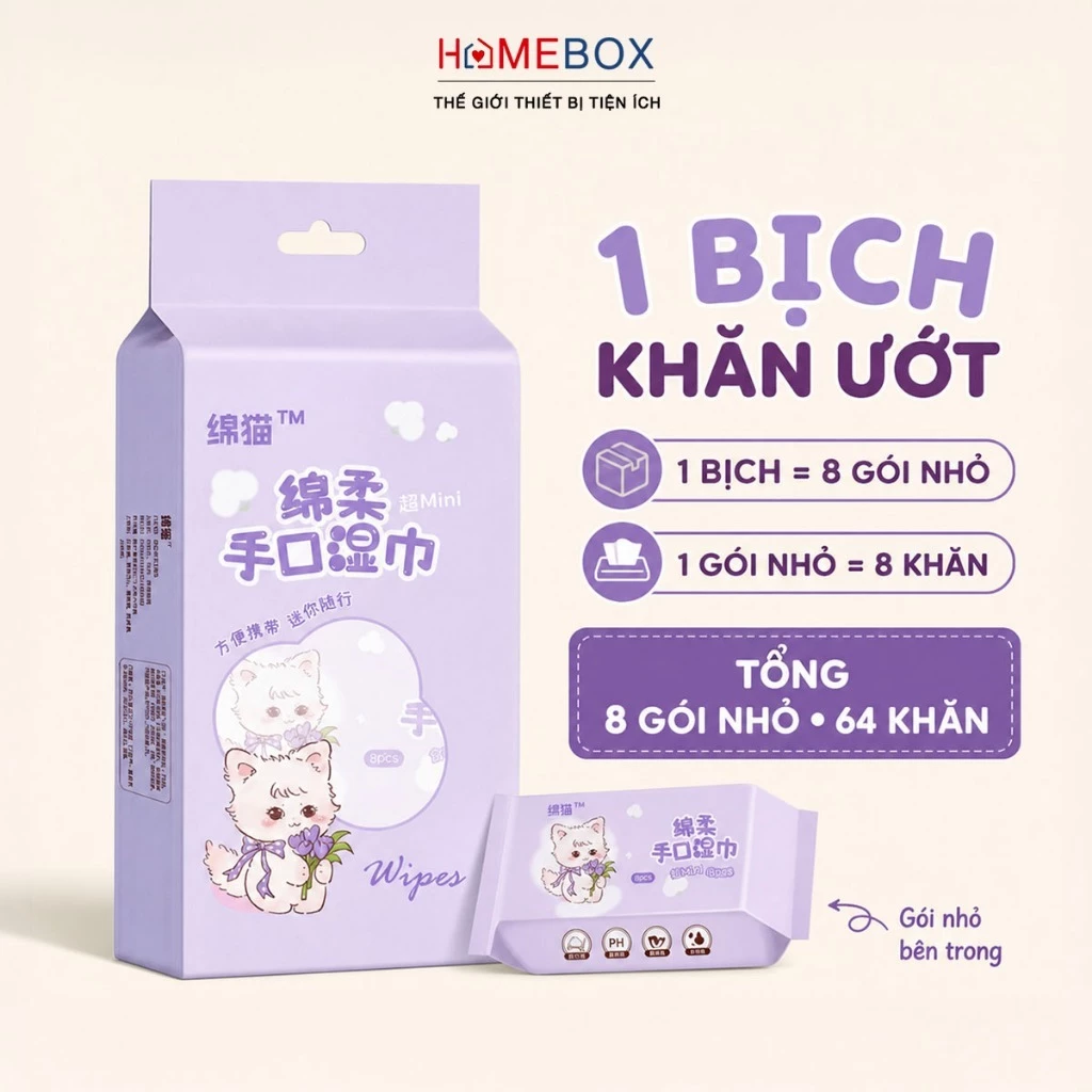 Bịch 64 Khăn ướt mini bỏ túi dành cho mẹ và bé, Giấy ướt mini mang theo du lịch tiện lợi