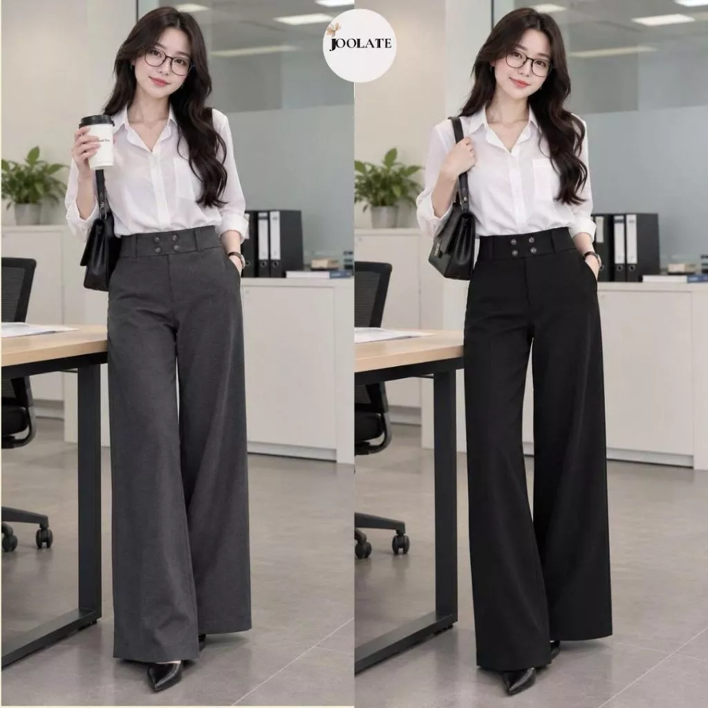 Quần tây nữ chất xước thái ống rộng cạp trễ  sđứng phom tôn dáng Joolate Q439