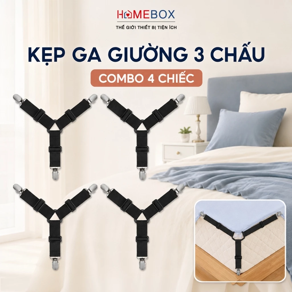 COMBO 4 Kẹp Ga Giường 3 Chấu Inox Chống Xê Dịch Kẹp Cố Định Ga Trải Đệm Có Bọc Nhựa Chịu Lực Tốt