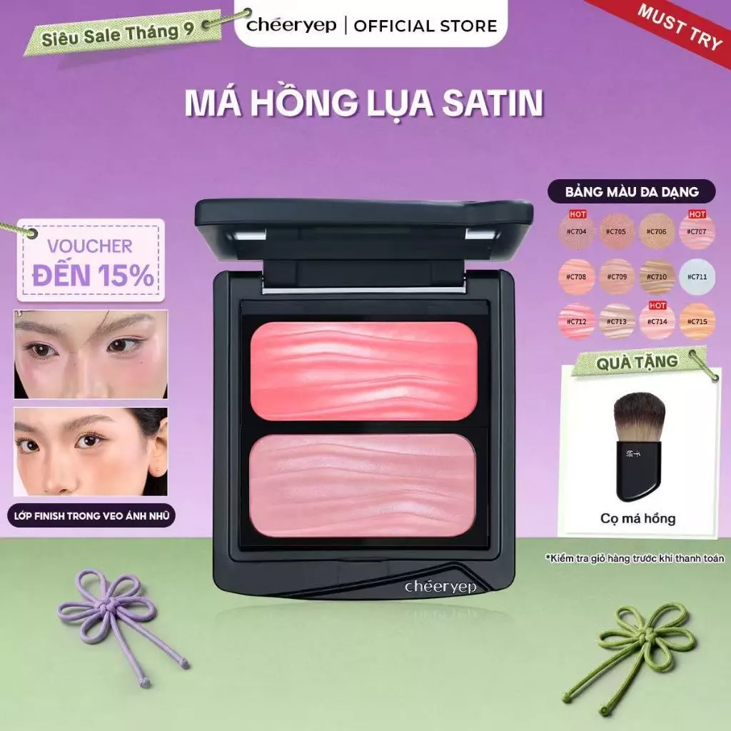 [chéeryep] Combo 2 Ô Má Hồng Satin CHEERYEP Tiệp Da Tự Nhiên Căng Bóng Sáng Da Không Lộ Phấn Kèm Hộp 2.2gx2