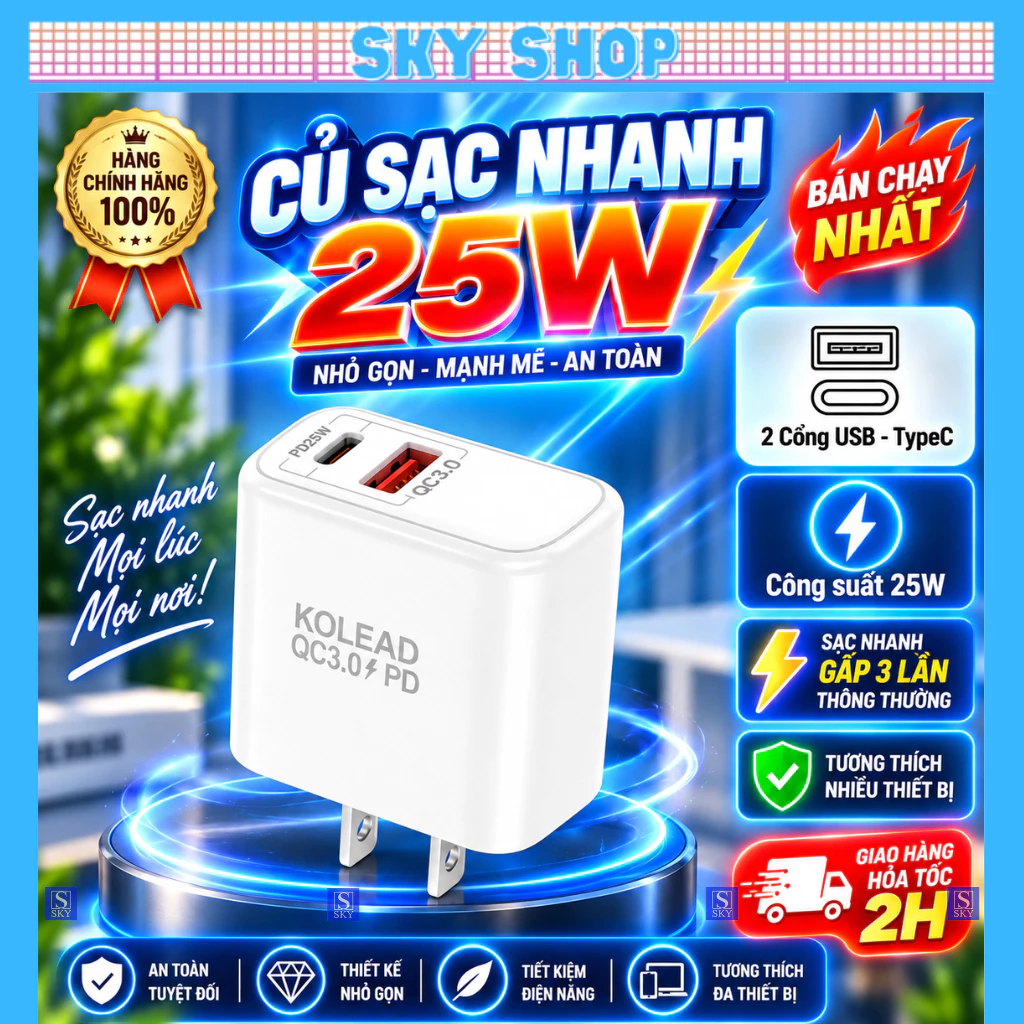 Củ sạc nhanh 25W gồm 2 Cổng USB và Type-C cho 17 ProMax 16 ProMax 15 Pro Max và dùng chân type C như xiaomi samsung