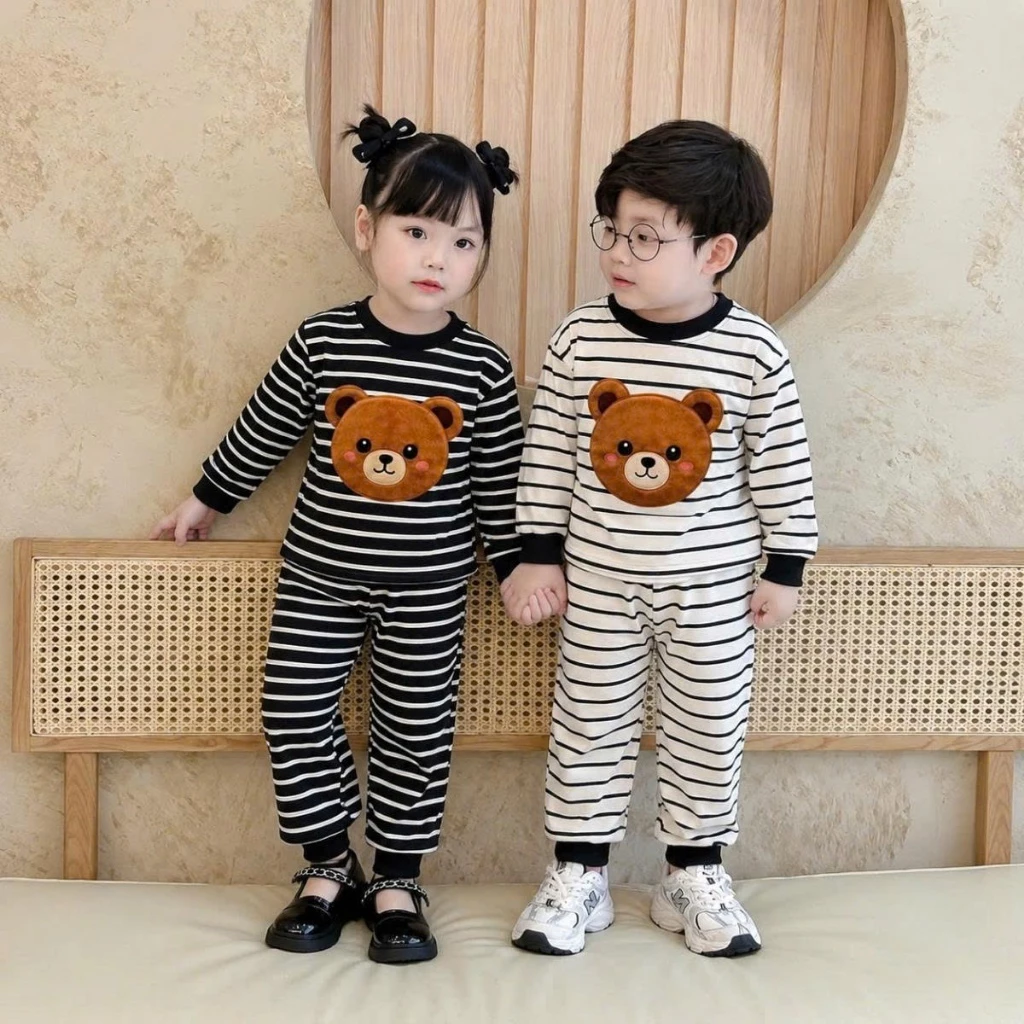 [8-28kg] Bộ thu đông dài tay kẻ sọc cho bé trai, bé gái (in hoạ tiết gấu nâu), chất liệu thun cotton co giãn BỘ GG.