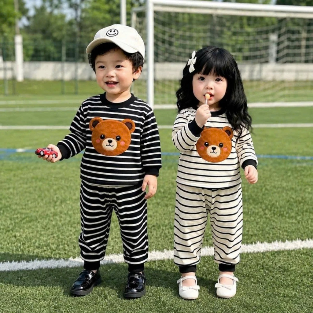 [8-28kg] Set bộ thu đông dài tay kẻ sọc cho bé trai, bé gái (in hoạ tiết gấu nâu), chất liệu thun cotton co giãn BỘ GG.