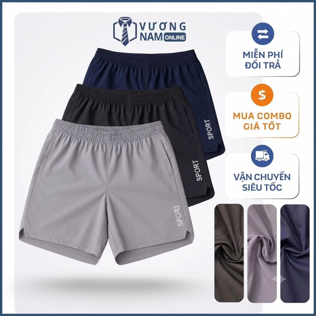 Quần đùi thể thao nam tập GYM chạy bộ vải dù gió túi sau để ĐT LOGO phản quang xẻ chữ V VNO172