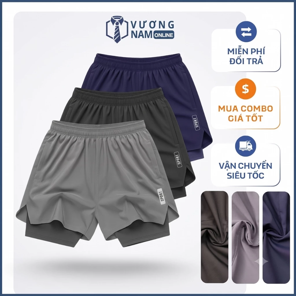 Quần đùi thể thao nam 2 lớp tập GYM chạy bộ vải dù gió xẻ chữ V LOGO phản quang túi sau để ĐT VNO173
